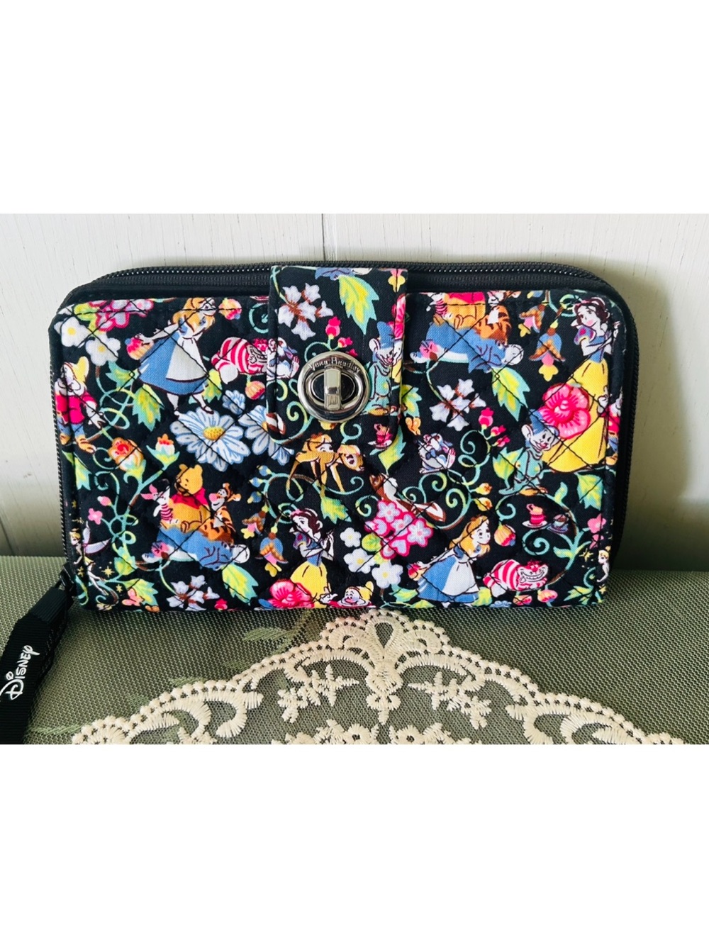 Vera Bradley Black Disney Classics Floral Turnlock Wallet NWOT Alice Wonderland